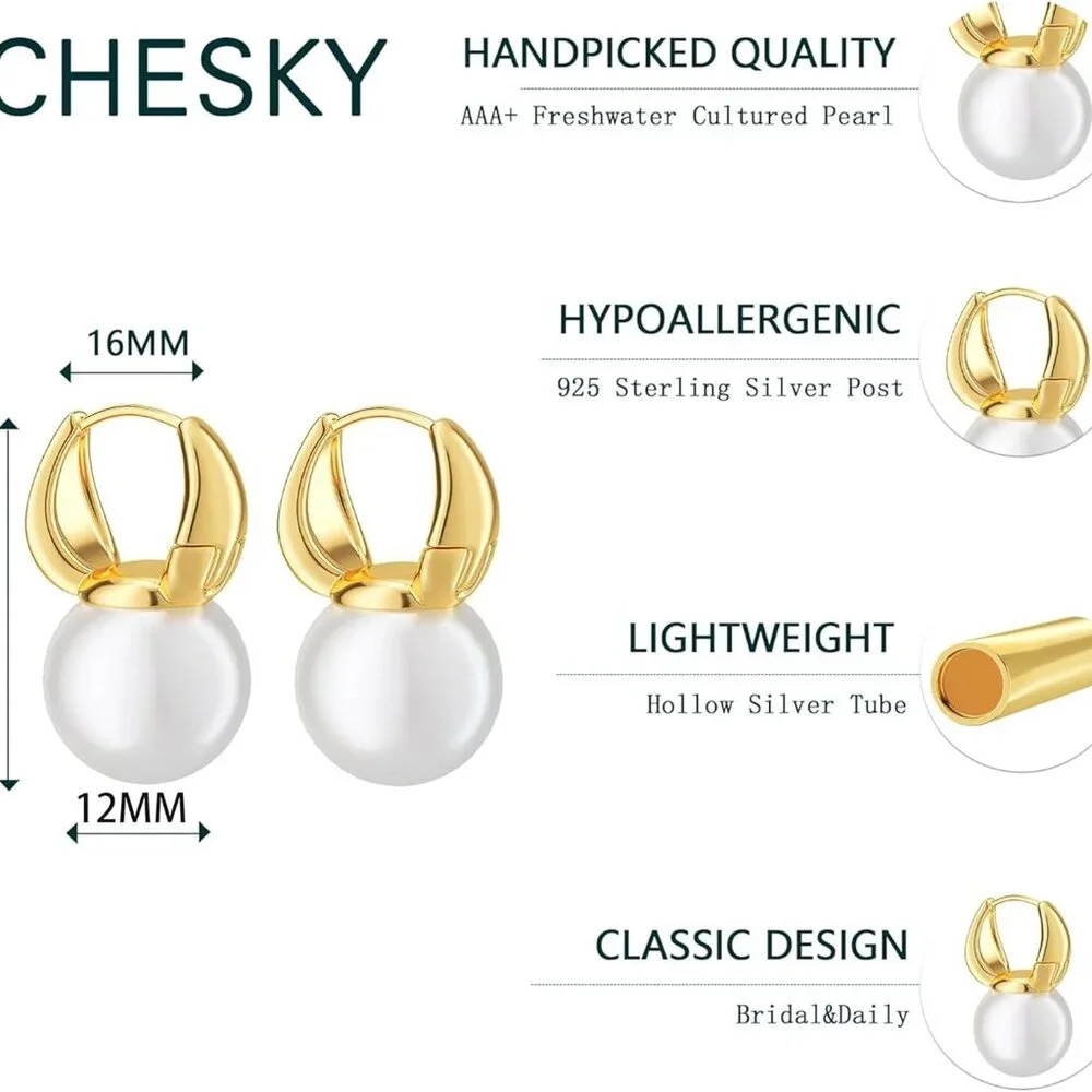 Pearl Earrings for Women, Dainty 14K Gold Plated/925 Sterling Silver Drop Qualit - Picture 5 of 9